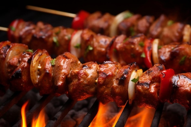 a grill with several skewers and meats on it