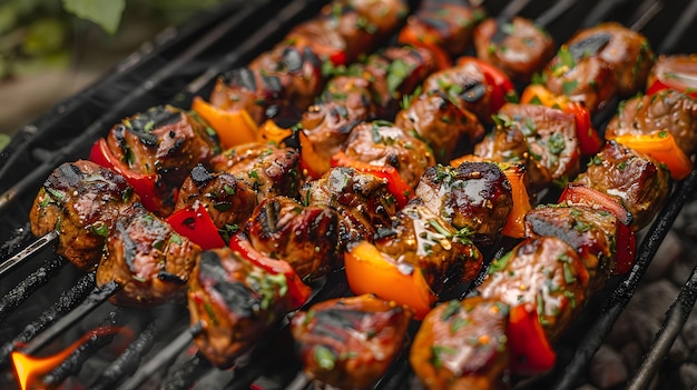 Photo a grill with skewers of meat on it all on a wooden stick the flames are orange