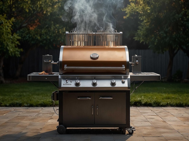 Photo a grill with smoke coming out of it and the word  smoke  on the grill