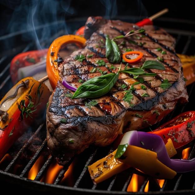 A grill with a steak and vegetables on it