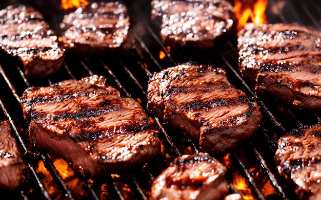 A grill with steaks on it and flames on the side