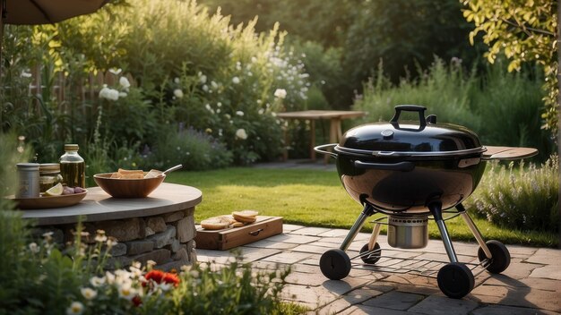 Grill with steaks and vegetables in garden