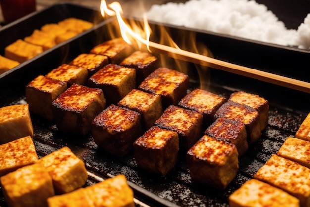 A grill with tofu on it and a flame from the grill.