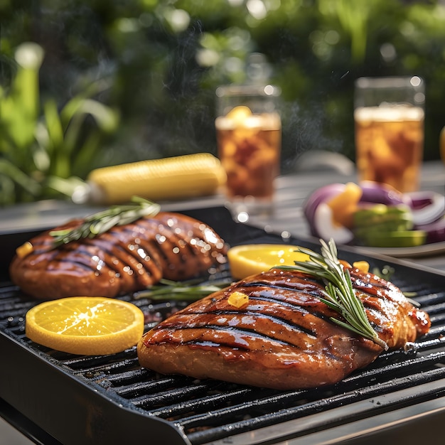 a grill with two grilled meats and lemons and lemon slices