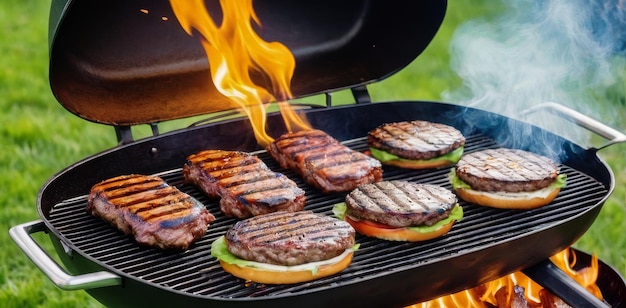 A grill with a variety of meat and hamburgers on it