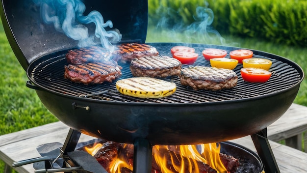 A grill with a variety of meats and vegetables on it including hamburgers