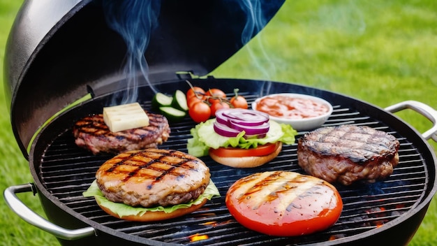 A grill with a variety of meats and vegetables on it