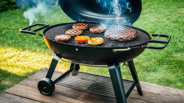 A grill with a variety of meats and vegetables on it