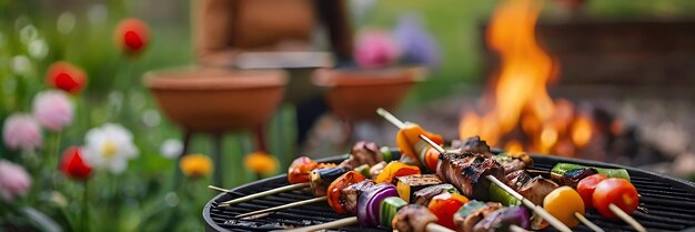 a grill with various vegetables and a fire pit in the background