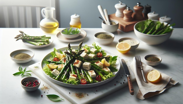 Grilled Asparagus Halloumi Salad on Marble Counter