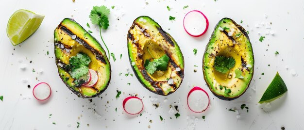 Photo grilled avocado halves garnished with radish slices and cilantro on a white backdrop exuding a fresh and vibrant culinary aesthetic