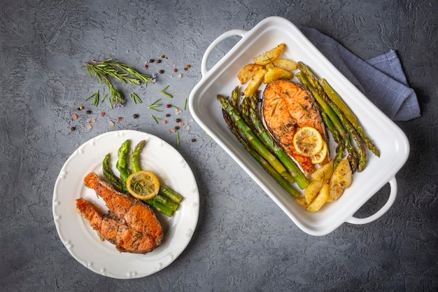 Grilled baked salmon served on a plate with asparagus and potatoes