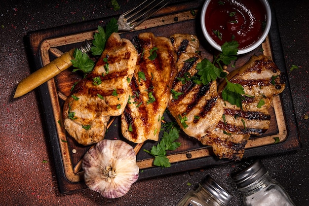 Grilled barbeque pork steaks