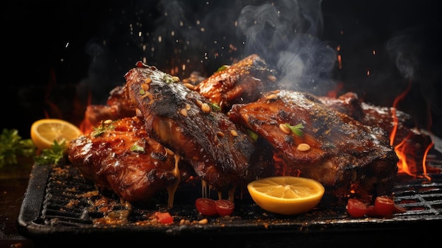 grilled barbeque with melted barbeque sauce and cut vegetables blur background