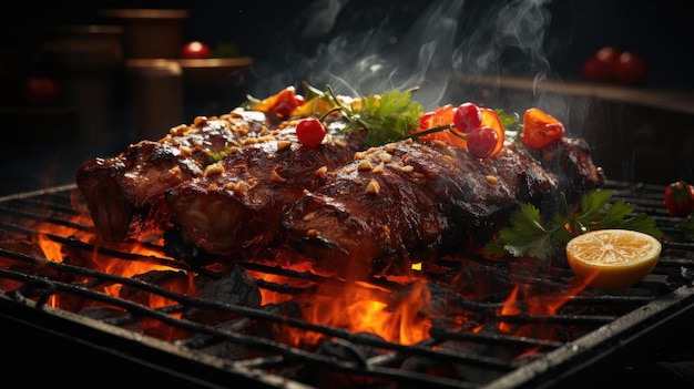 grilled barbeque with melted barbeque sauce and cut vegetables blur background