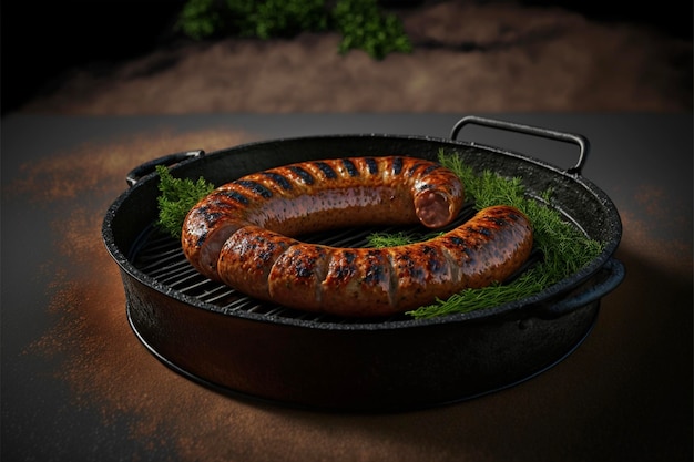 Grilled Bavarian sausage in black plate