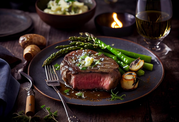 Grilled bbq steaks with fresh herbs on a cutting board AI Generated