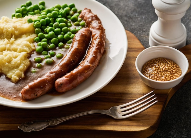 Photo grilled beef bratwurst mash potato and green pea german sausages rinderbratwurst bbq beef sausages