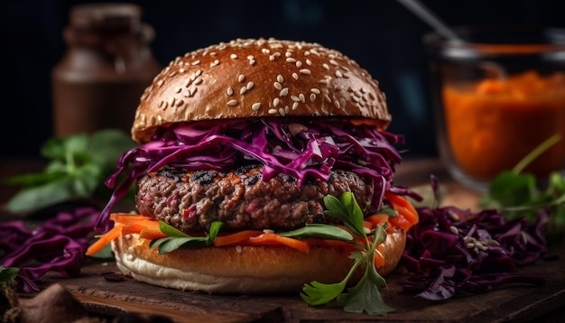 Grilled beef burger on rustic bun with coleslaw generated by AI