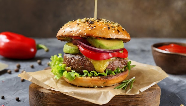 Grilled beef burger with cheese guacamole and pickled peppers on table Tasty fast food