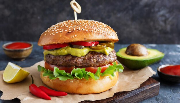 Grilled beef burger with cheese guacamole and pickled peppers on table Tasty fast food