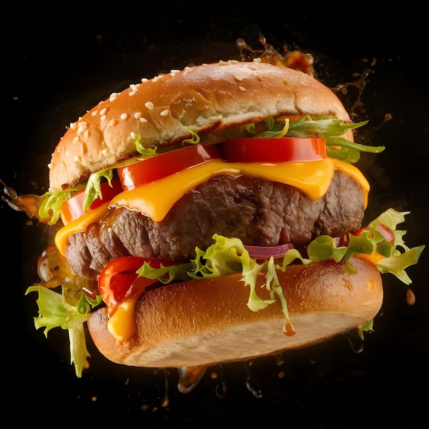 Grilled beef burger with fries cheese and tomato