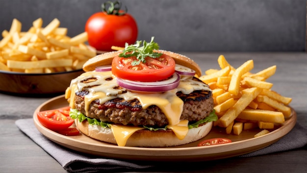 Grilled beef burger with fries cheeseburger and tomato generated by AI