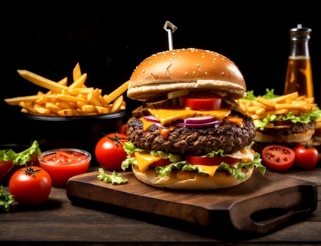 Grilled beef burger with fries cheeseburger and tomato generated by AI