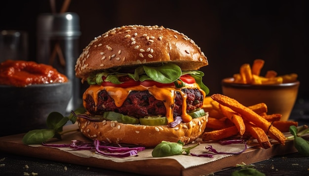 Grilled beef burger with fries and cola generated by AI