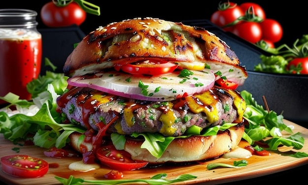 Grilled beef burger with tomato and onion