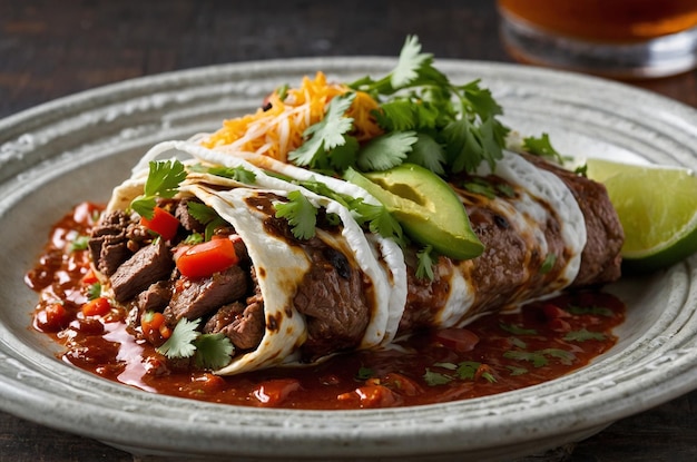 Photo grilled beef burrito plate with spicy sauce and fresh cilantro