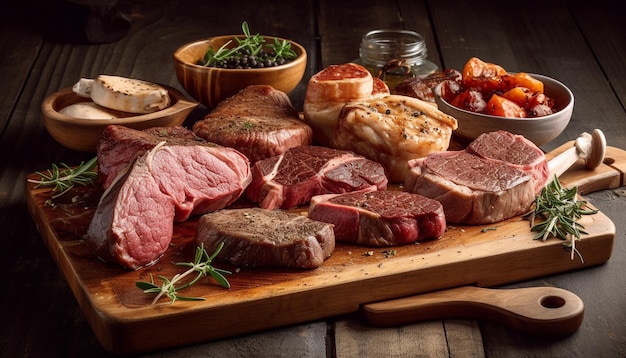 Grilled beef fillet on rustic cutting board ready to eat gourmet meal generated by AI