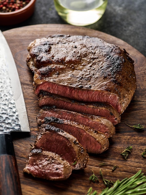 Grilled beef heart steak with pepper on a wooden board