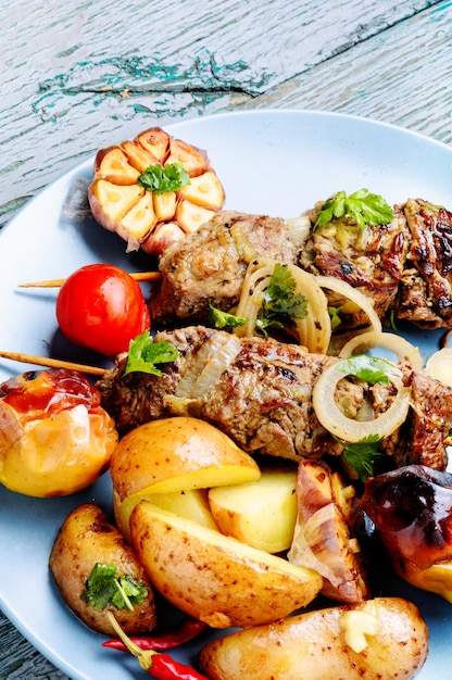 Grilled beef kebab on plate