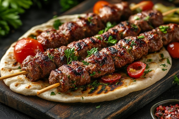 Photo grilled beef kebabs with vegetables and pita photo