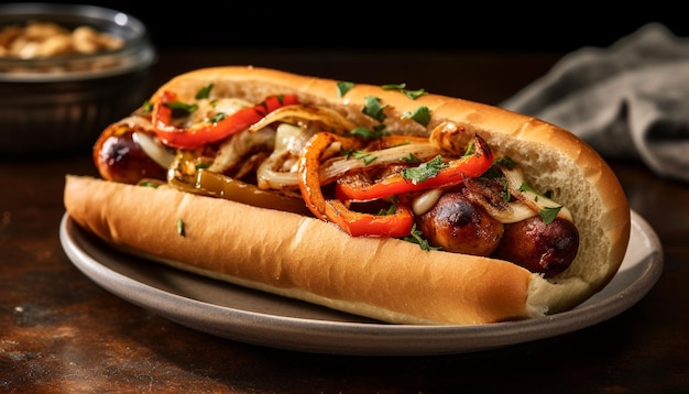 Grilled beef sandwich with hot dog fries and ketchup generated by artificial intelligence