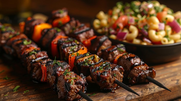 Grilled Beef Shish Kebabs with Pasta and Vegetables on Plate