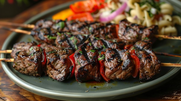 Grilled Beef Shish Kebabs with Pasta and Vegetables on Plate