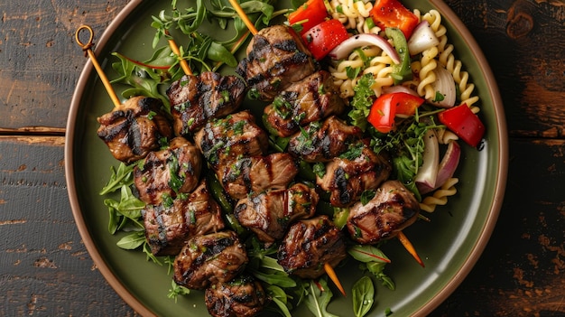 Grilled Beef Shish Kebabs with Pasta and Vegetables on Plate