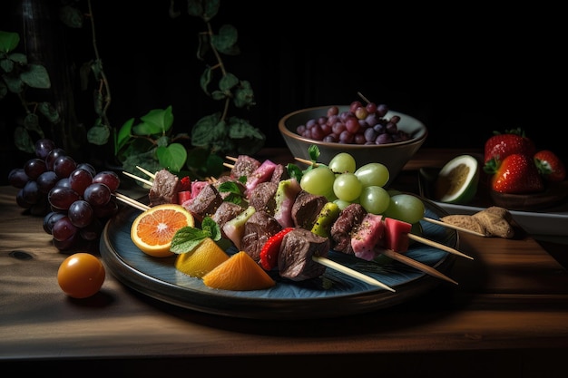 Grilled beef shishkabob with variety of seasonal fruits vegetables and herbs to complement the meat