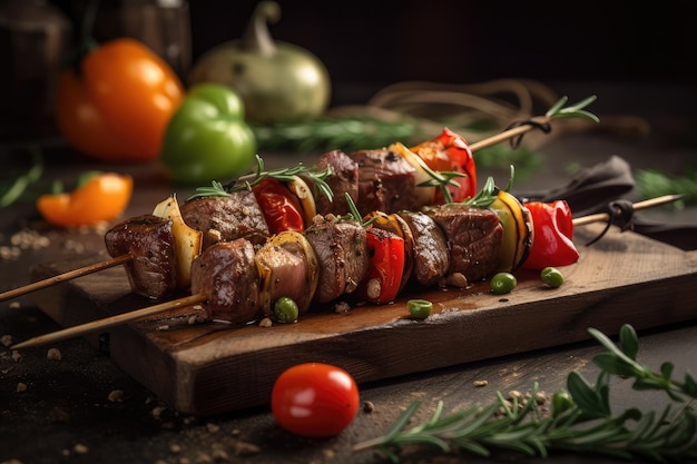 Grilled beef shishkabob with vegetables and herbs on skewer