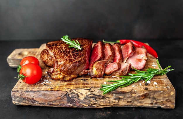 Grilled beef steak, herbs and spices on a cutting board on a stone background, top view