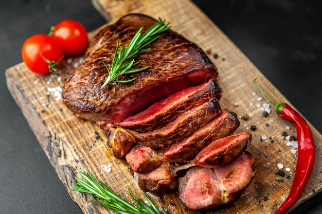 Grilled beef steak, herbs and spices on a cutting board on a stone background, top view