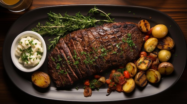 grilled beef steak and potatoes on plate isolated on white background top view Generative AI