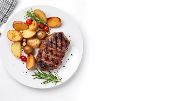 grilled beef steak and potatoes on plate isolated on white background top view Generative AI