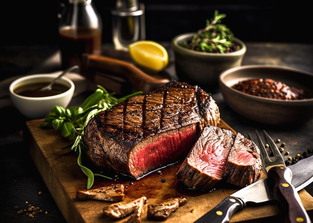 Grilled beef steak with herbs and spices on a cutting board