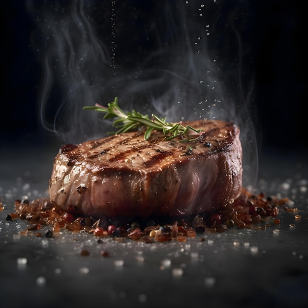 Grilled beef steak with red caviar and smoke on black background