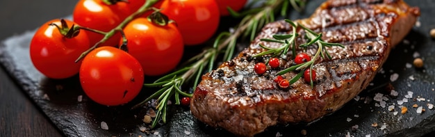 Grilled beef steak with rosemary cherry tomatoes and spices on black slate plate Banner