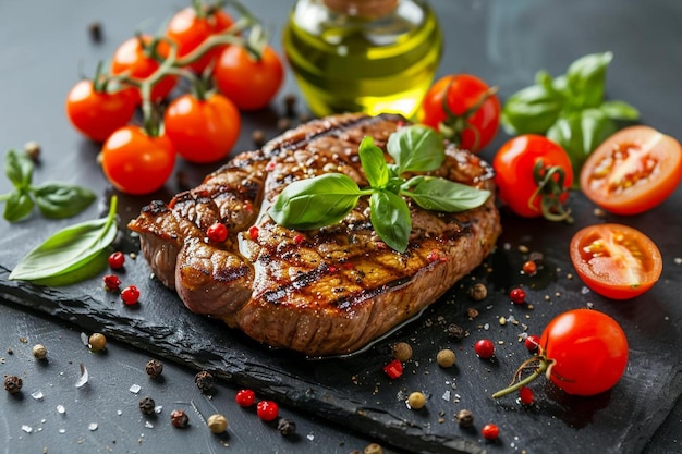 Photo grilled beef steak with sauce oil and basil on black slate on light background