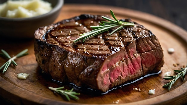 Grilled beef steak with sauce and rosemary on a wooden table food serve selective focus